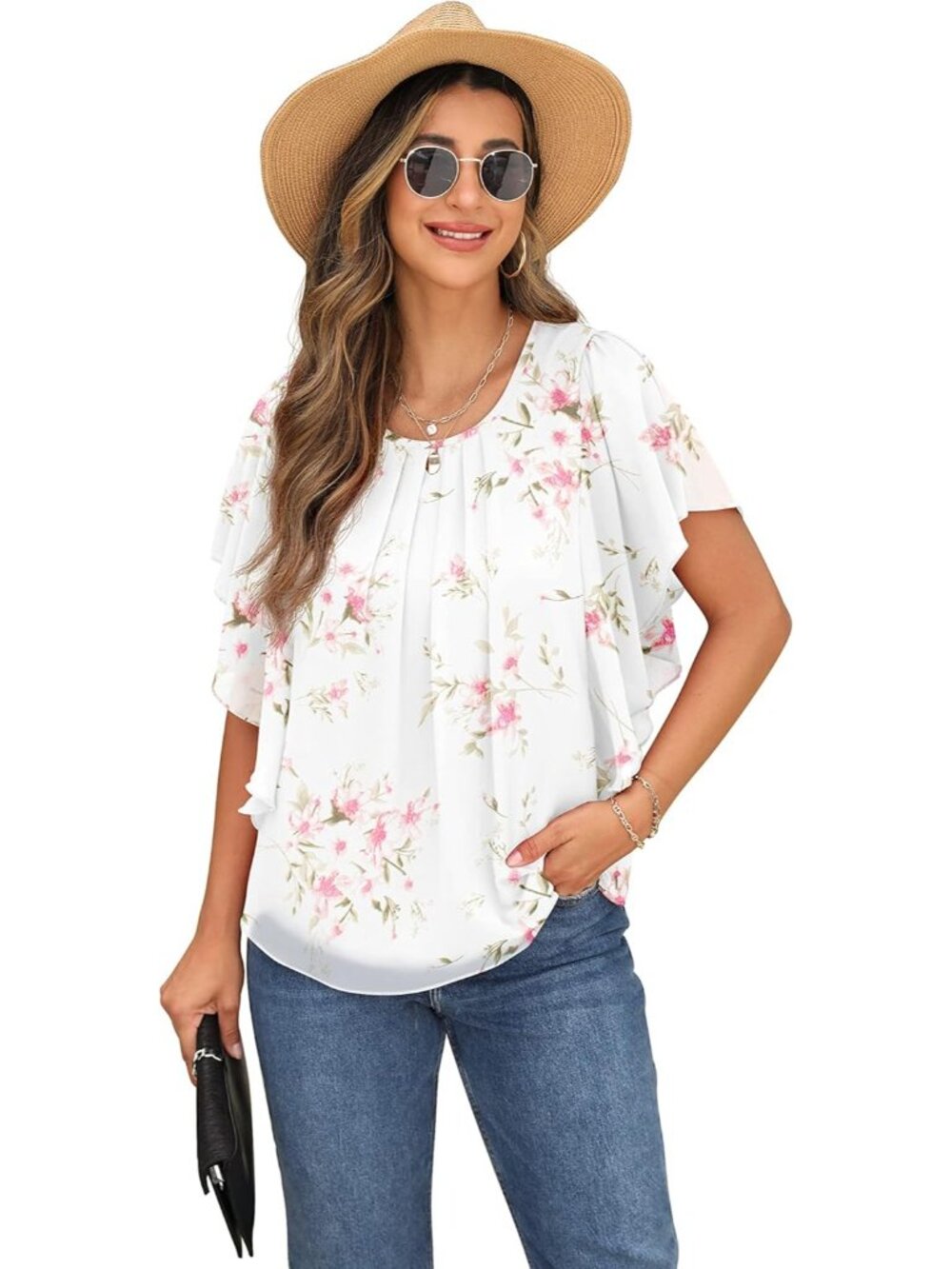 Women's Summer Casual Blouses Peach White Loose Round Neck Chiffon Flowy Tops - Picture 6 of 6